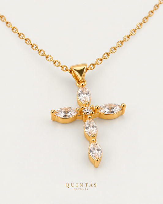 Marquise Cross Necklace gold cable chain main view, canonical Quintas logo