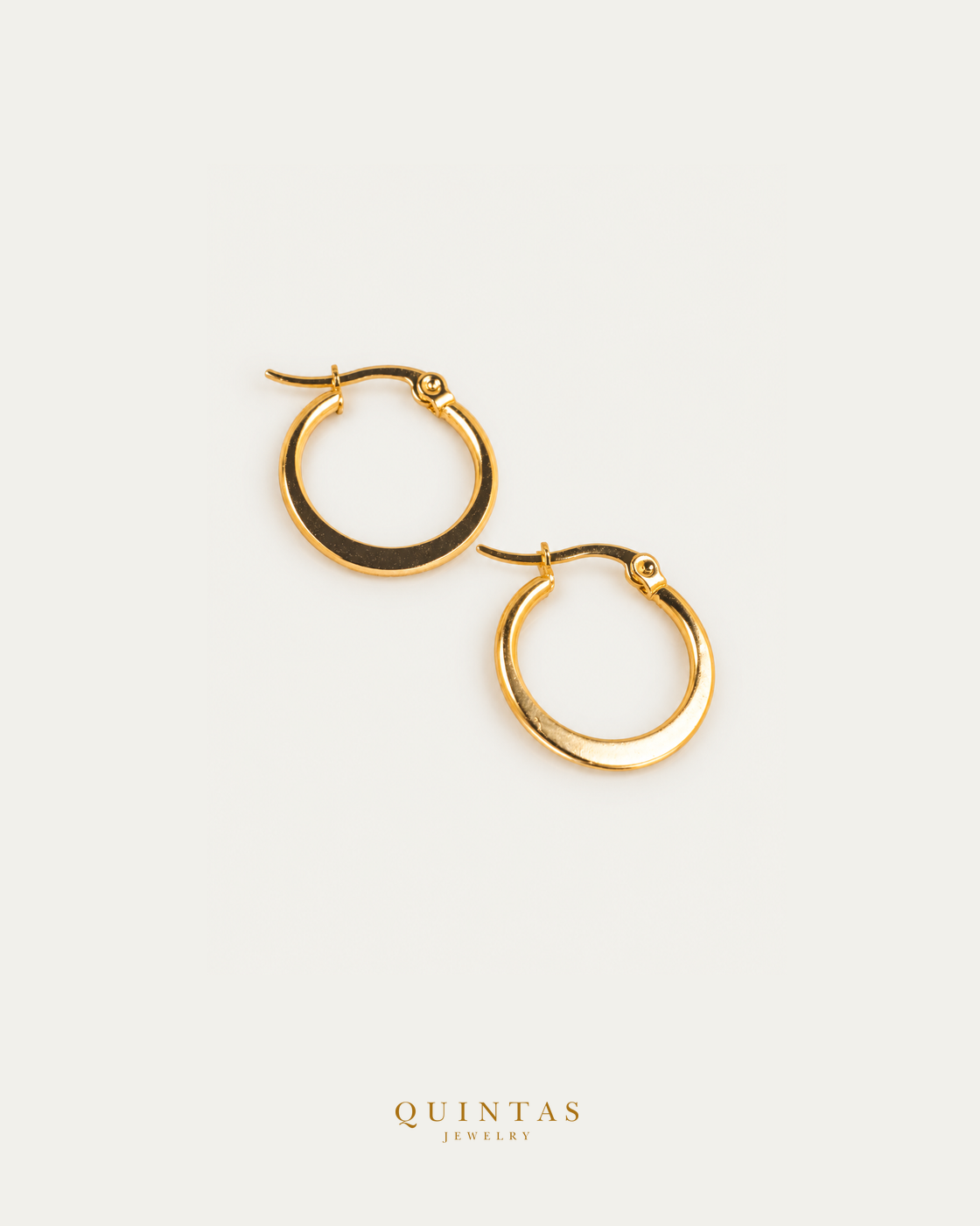 Mira Golden Hoop Earrings in actual photographed pose with visible closure on neutral offwhite background