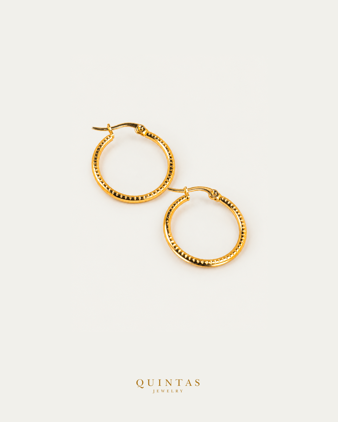 Soleia Hoop Earrings in actual photographed pose with visible closure on neutral offwhite background
