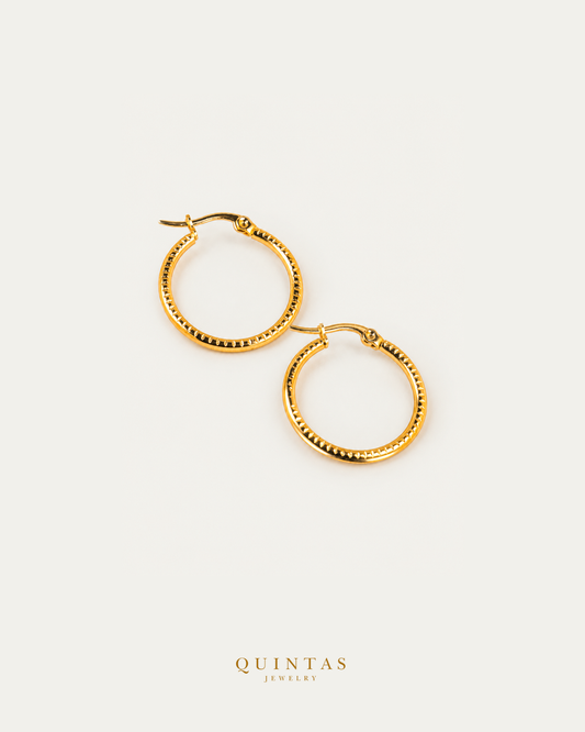 Soleia Hoop Earrings in actual photographed pose with visible closure on neutral offwhite background