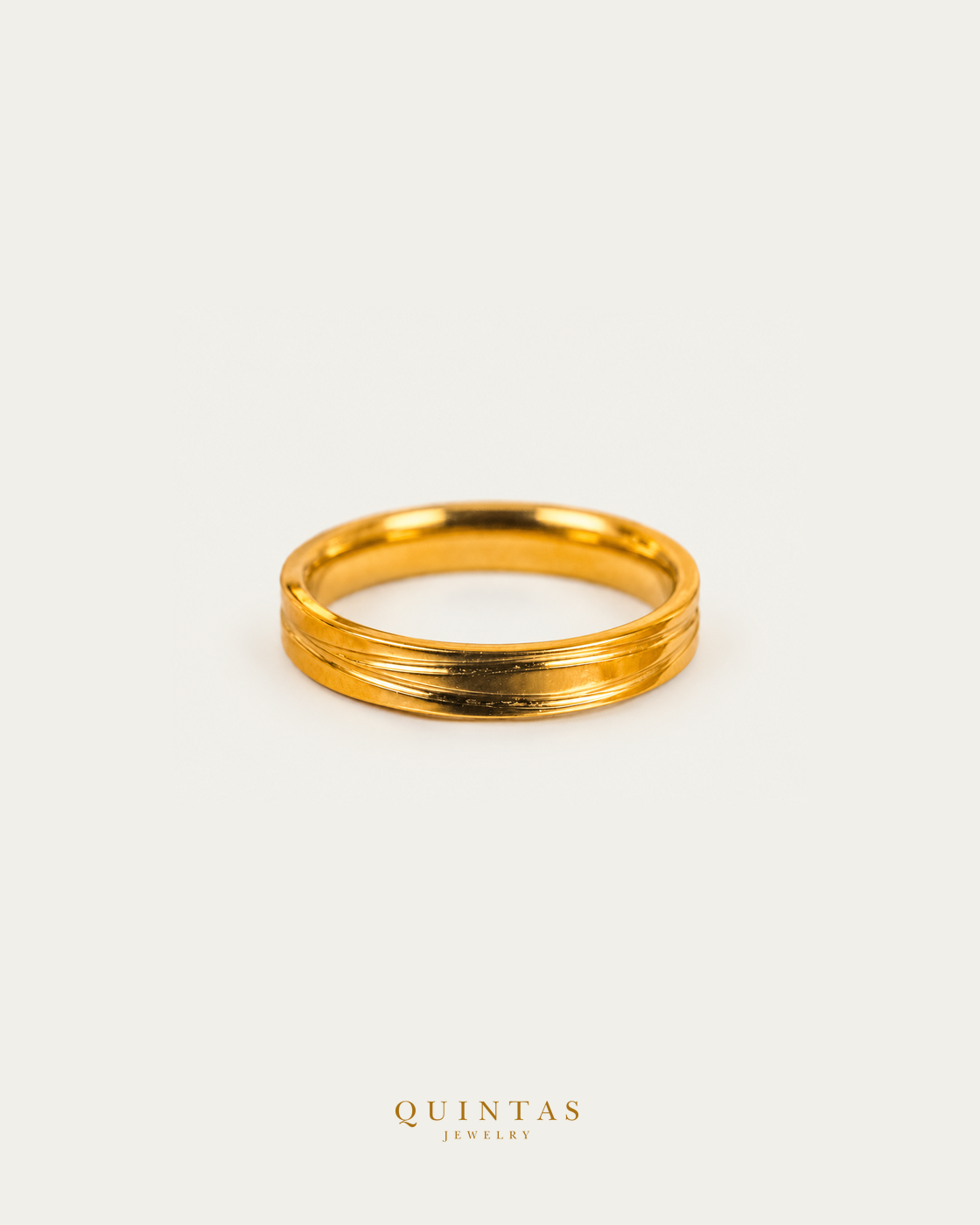 Eternal Gold Band Ring, smaller standalone full ring view, neutral greige, authentic Quintas Jewelry gold logo