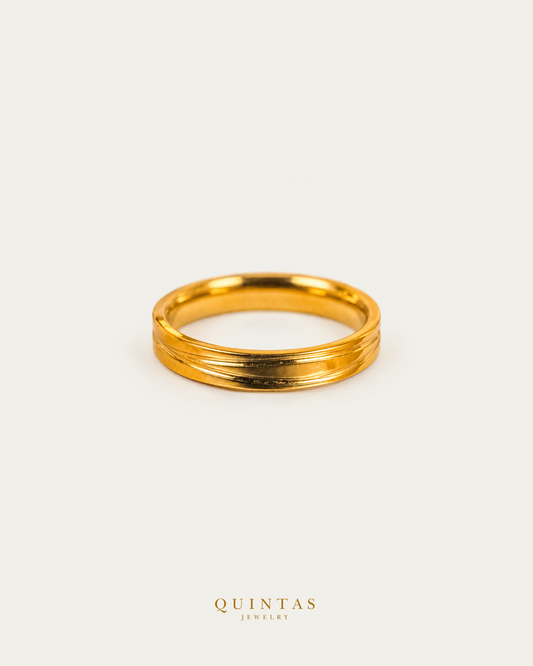 Eternal Gold Band Ring, smaller standalone full ring view, neutral greige, authentic Quintas Jewelry gold logo