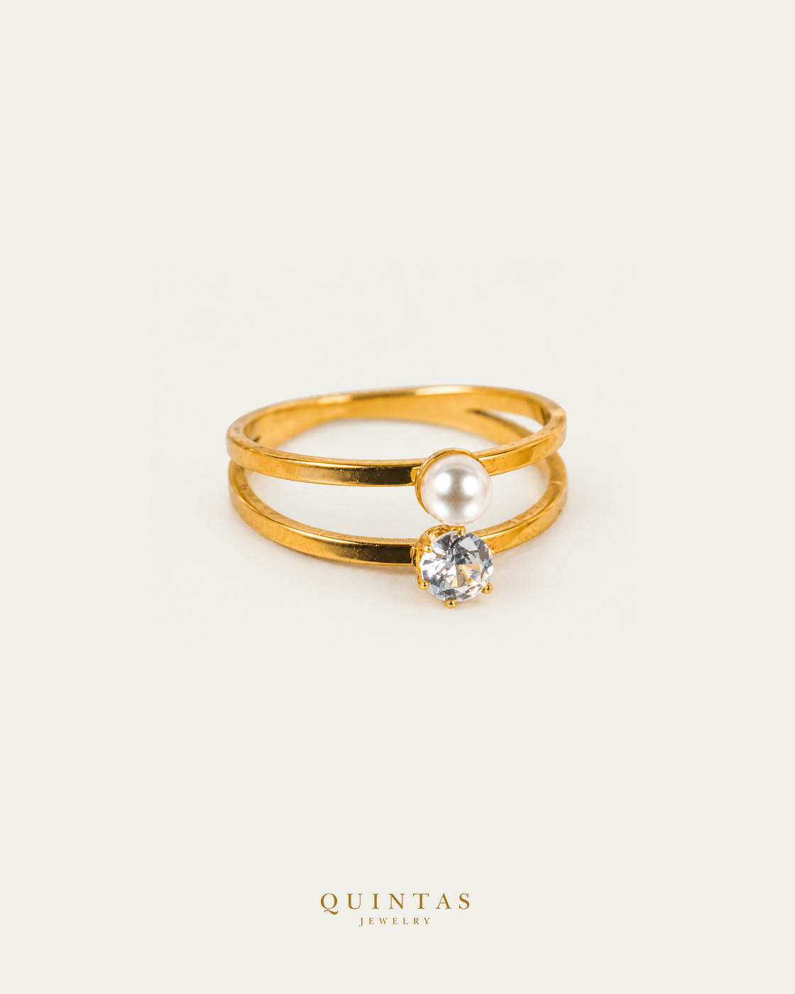 Grace Pearl and Diamond Ring, smaller standalone full ring view, neutral greige, authentic Quintas Jewelry gold logo