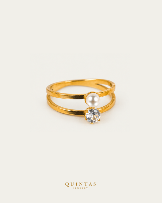 Grace Pearl and Diamond Ring, smaller standalone full ring view, neutral greige, authentic Quintas Jewelry gold logo