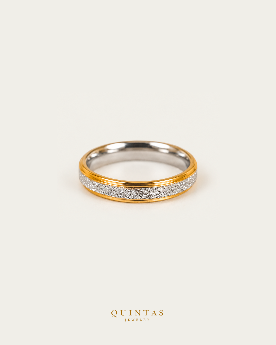 Classic Two-Toned Ring, smaller standalone full ring view, neutral greige, authentic Quintas Jewelry gold logo