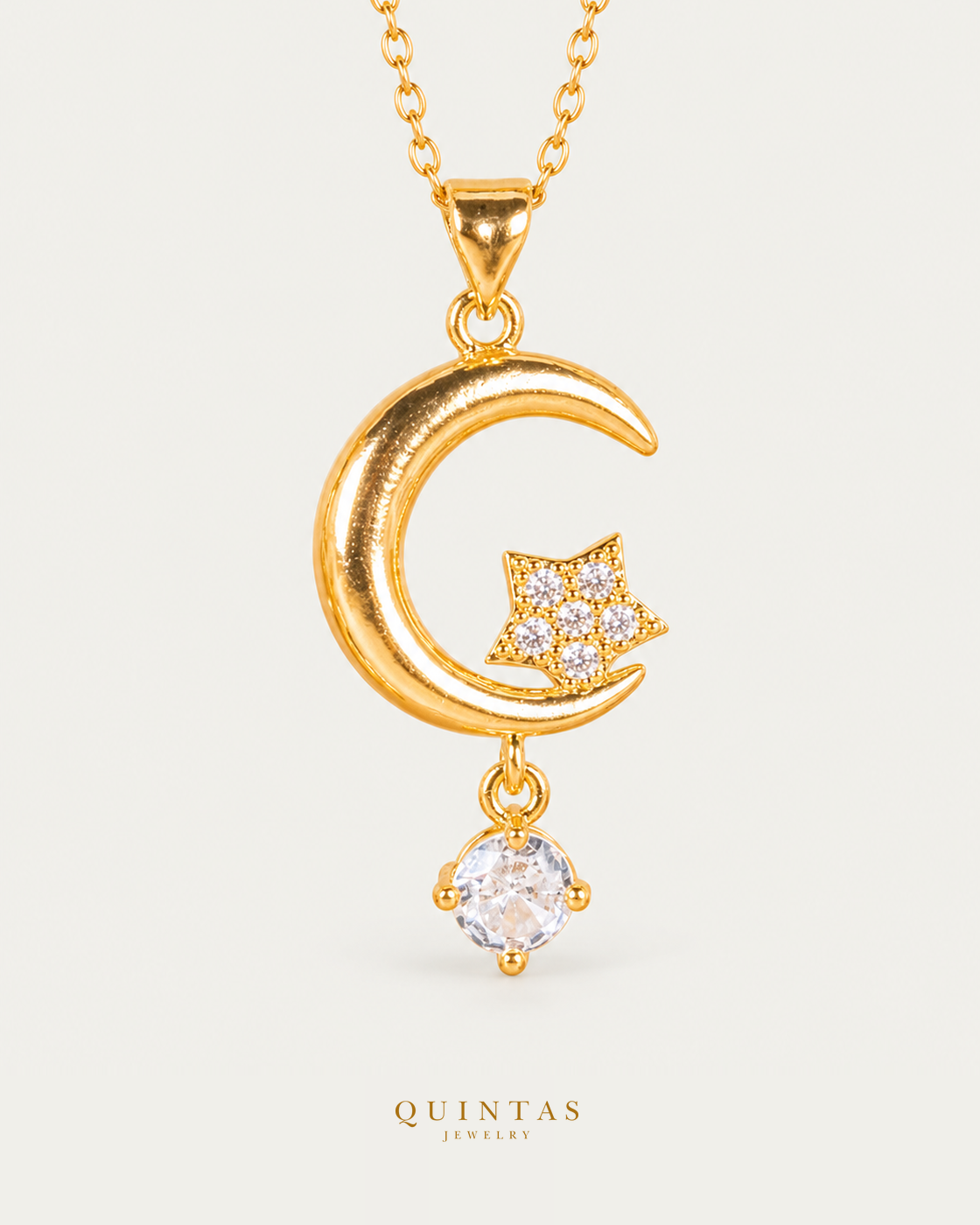 Moon Wish Necklace hero with canonical Quintas Jewelry logo