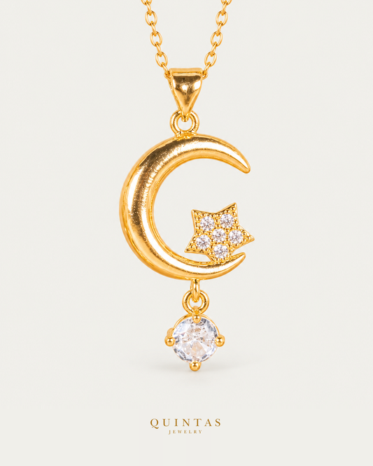 Moon Wish Necklace hero with canonical Quintas Jewelry logo