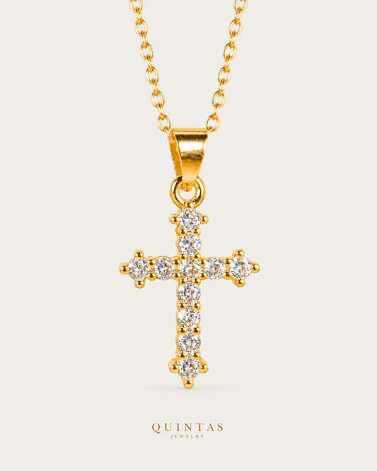 Lumiere Cross Necklace gold cable chain main view, canonical Quintas logo