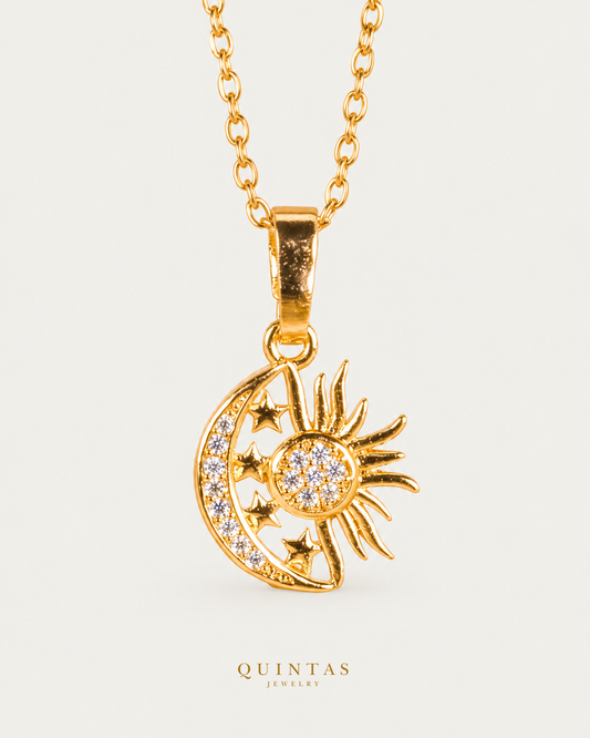 Solara Celestial Necklace hero with canonical Quintas Jewelry logo