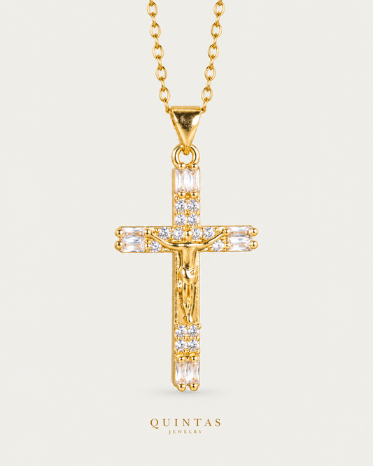 Veritas Crucifix Necklace Gold Cable Chain hero angle on neutral greige
