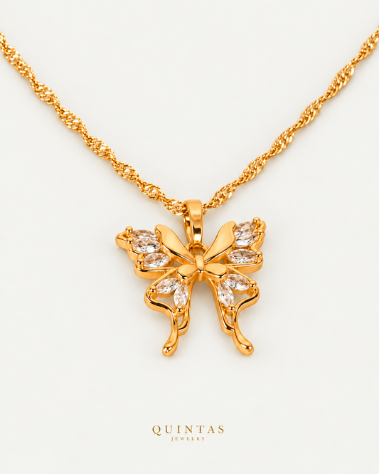 Celestine Butterfly Necklace, gold singapore chain, oblique view