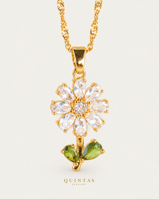 Verdelle Flower Necklace, gold singapore chain, front view