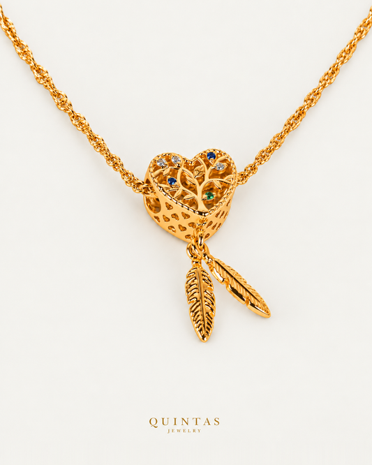 Heart Dreamcatcher Necklace gold Singapore chain companion view, canonical Quintas logo