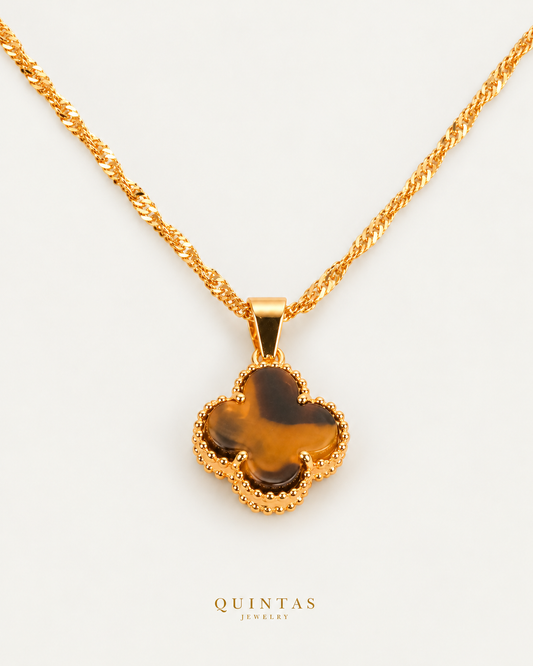 Auburn Clover Necklace, gold singapore chain, oblique view; canonical Quintas Jewelry logo