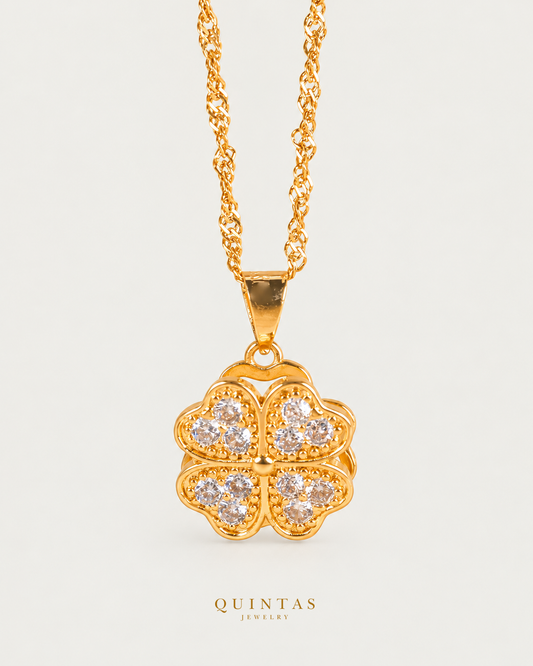 Cherie Clover Necklace, gold singapore chain, front view; canonical Quintas Jewelry logo