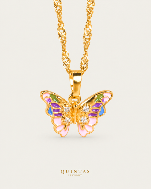 Rainbow Butterfly Necklace Singapore Chain hero angle on neutral greige