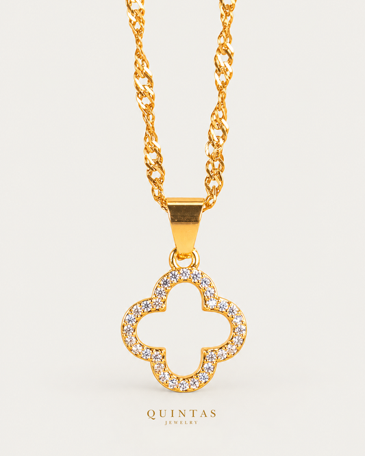Golden Wish Clover Necklace hero with canonical Quintas Jewelry logo