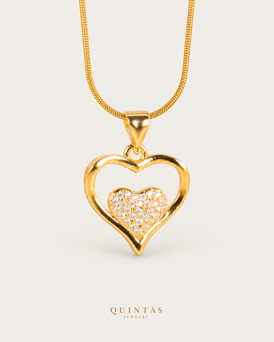 Amora Twin Heart Necklace hero with canonical Quintas Jewelry logo