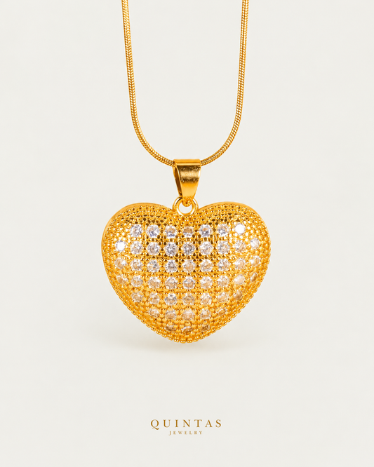Aurevia Pavé Heart Necklace, gold snake chain, front view; canonical Quintas Jewelry logo