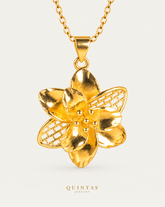 Florienne Golden Bloom Necklace hero with canonical Quintas Jewelry logo