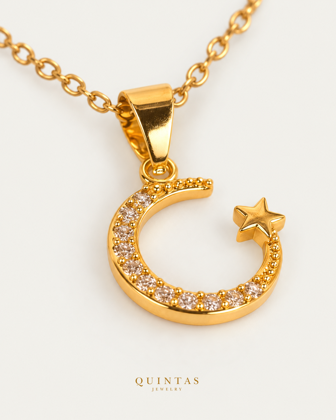 Astrid Crescent Necklace companion with canonical Quintas Jewelry logo