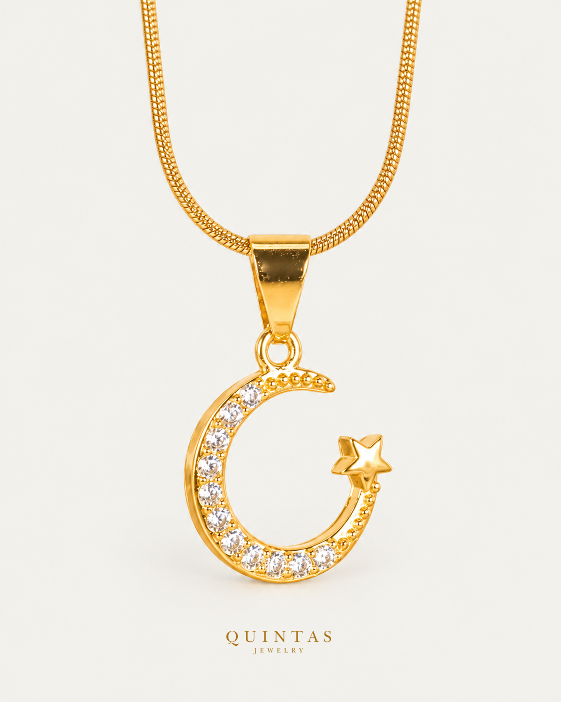 Astrid Crescent Necklace hero with canonical Quintas Jewelry logo