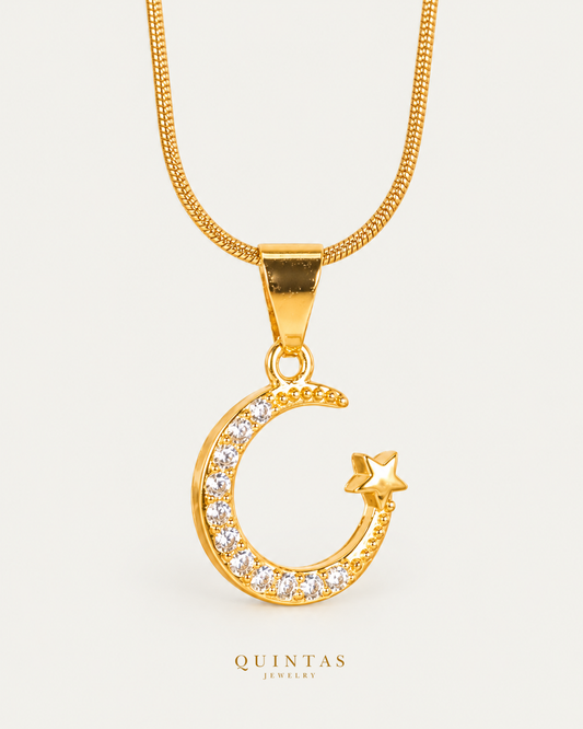 Astrid Crescent Necklace hero with canonical Quintas Jewelry logo