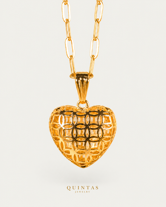Woven Heart Necklace — source-verified paperclip front view, off-white background, canonical gold logo