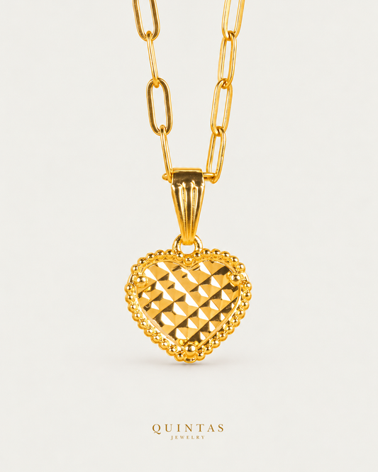 Prism Heart Necklace — source-verified paperclip front view, off-white background, canonical gold logo