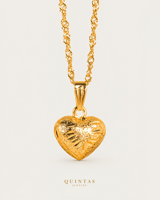 Soleil Heart Necklace hero with canonical Quintas Jewelry logo