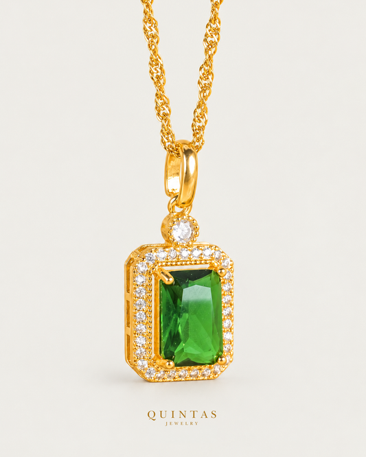 Celestia Gemstone Necklace Singapore Chain GREEN gemstone hero angle on neutral greige; canonical Quintas Jewelry logo