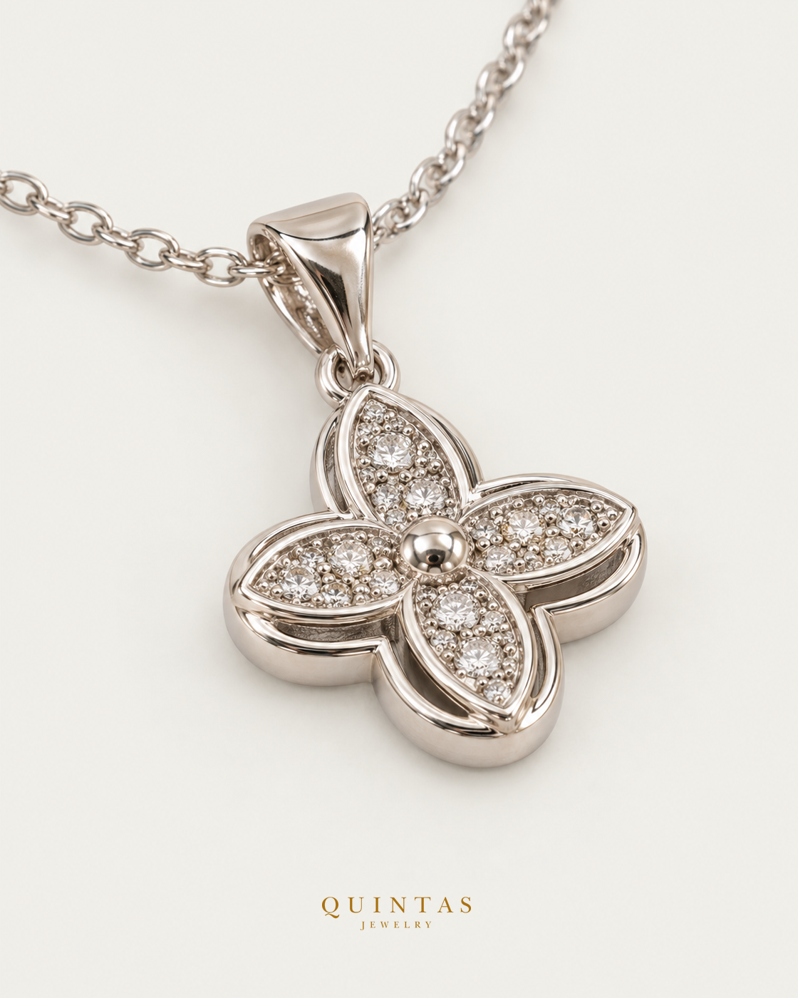 Silver Fortune Clover Necklace — actual source-backed alternate detail with canonical Quintas Jewelry logo