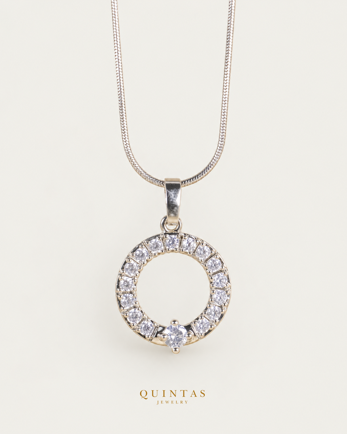 Crystal Orbit Silver Necklace main, unchanged jewelry and canonical Quintas Jewelry logo