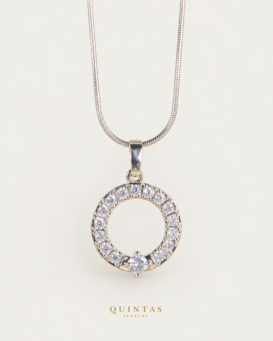 Crystal Orbit Silver Necklace main, unchanged jewelry and canonical Quintas Jewelry logo
