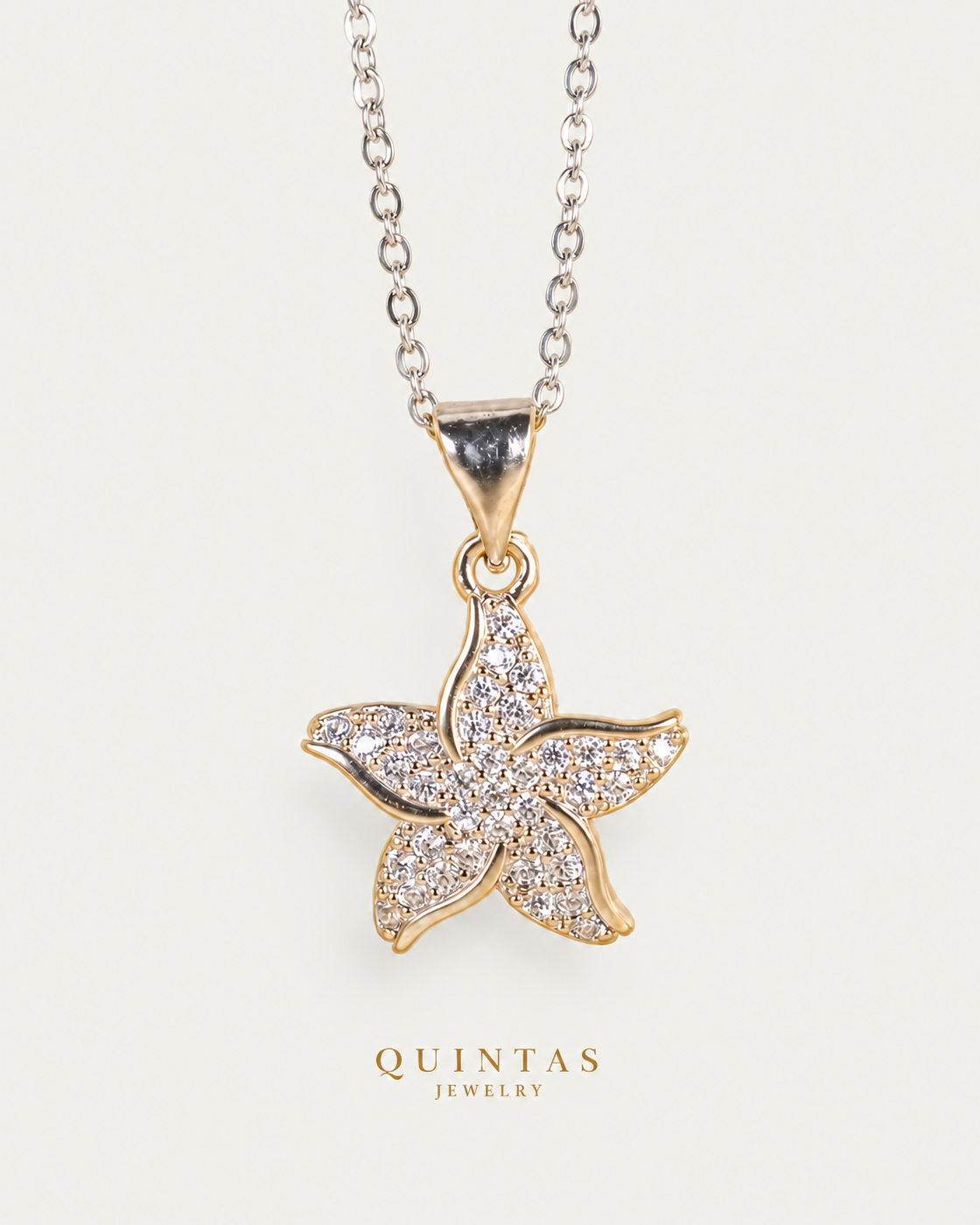 Mirelle Star Silver Necklace Silver Cable Chain hero angle on neutral greige
