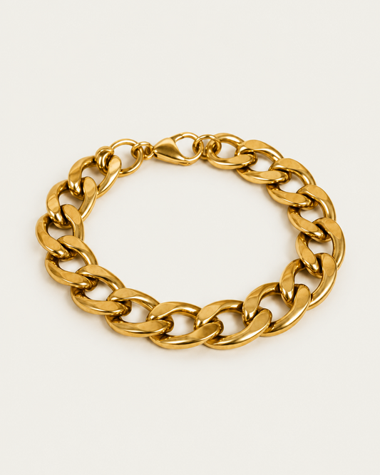 Alessio Chunky Link actual gold bracelet hero photographed angle on neutral greige