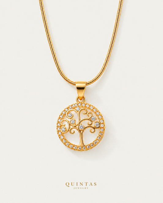 The Tree of Life Necklace on premium snake chain, hero angle, neutral greige