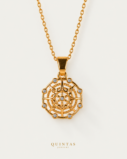 Amelia's Compass Necklace — cable chain, neutral greige hero; canonical Quintas Jewelry logo
