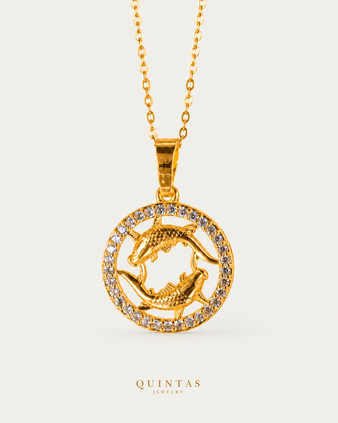 QUINTAS Zodiac Sign 18k Necklace Pisces cable chain main view, canonical Quintas logo