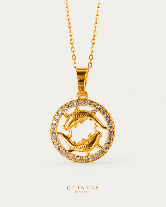 QUINTAS Zodiac Sign 18k Necklace Pisces cable chain main view, canonical Quintas logo