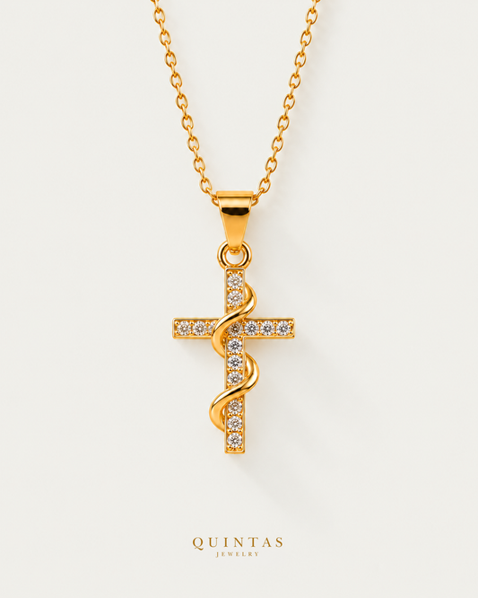 Serpent Cross Amulet Necklace — cable chain, neutral greige hero; canonical Quintas Jewelry logo