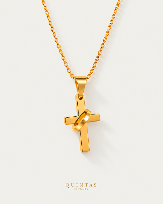 Eternity Cross Necklace — gold cable chain, hero view, canonical Quintas logo