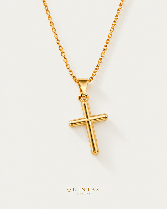 Minimalist Cross Necklace — gold cable chain, hero view, canonical Quintas logo