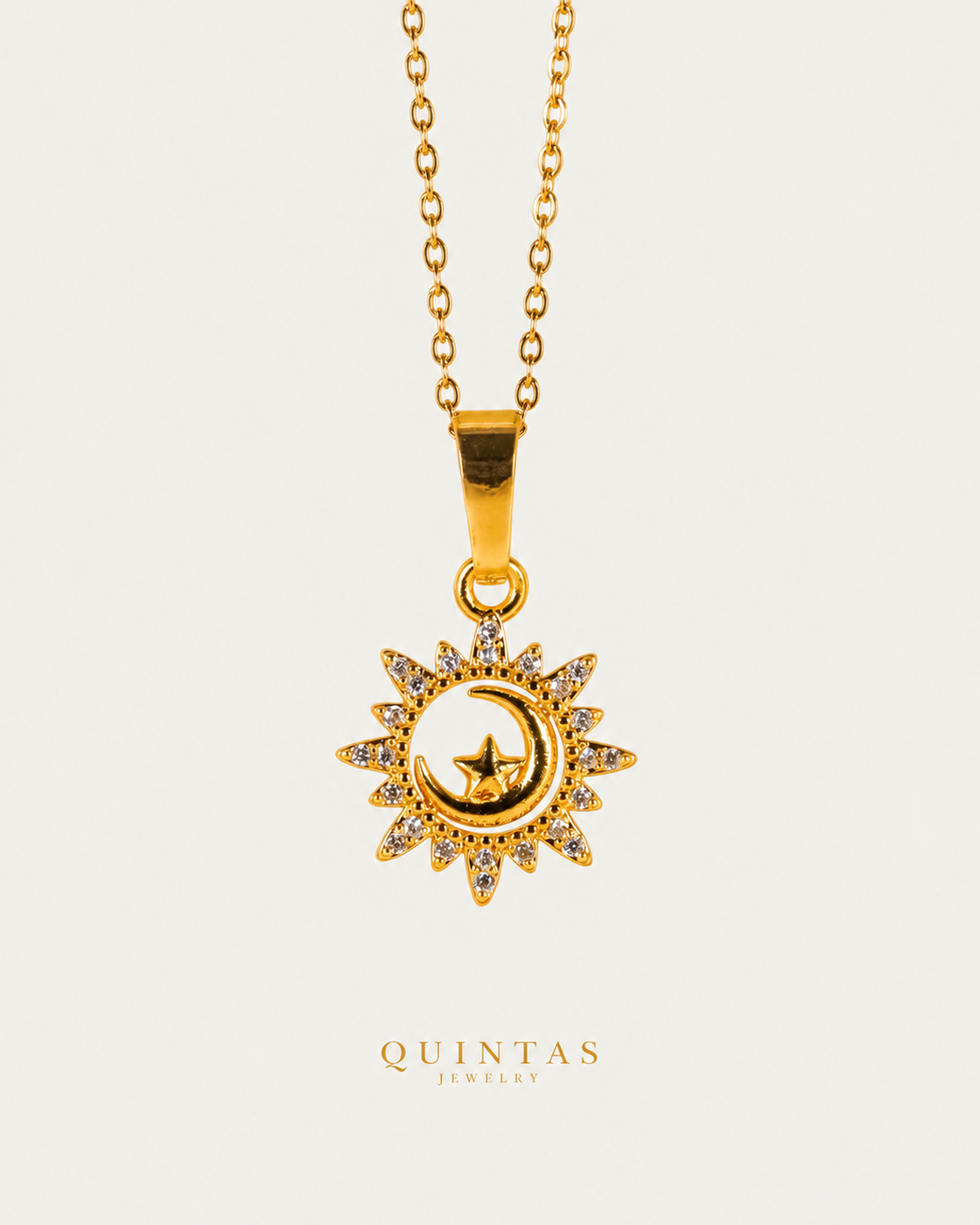 Moon And Sun Eclipse Necklace — gold cable chain, frontal hero, neutral greige
