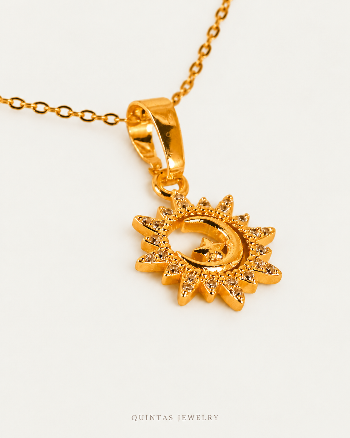 Moon And Sun Eclipse Necklace — gold cable chain, genuine oblique angle, neutral greige