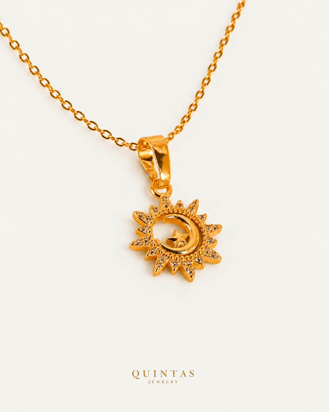 Moon And Sun Eclipse Necklace — gold cable chain, companion view, canonical Quintas logo