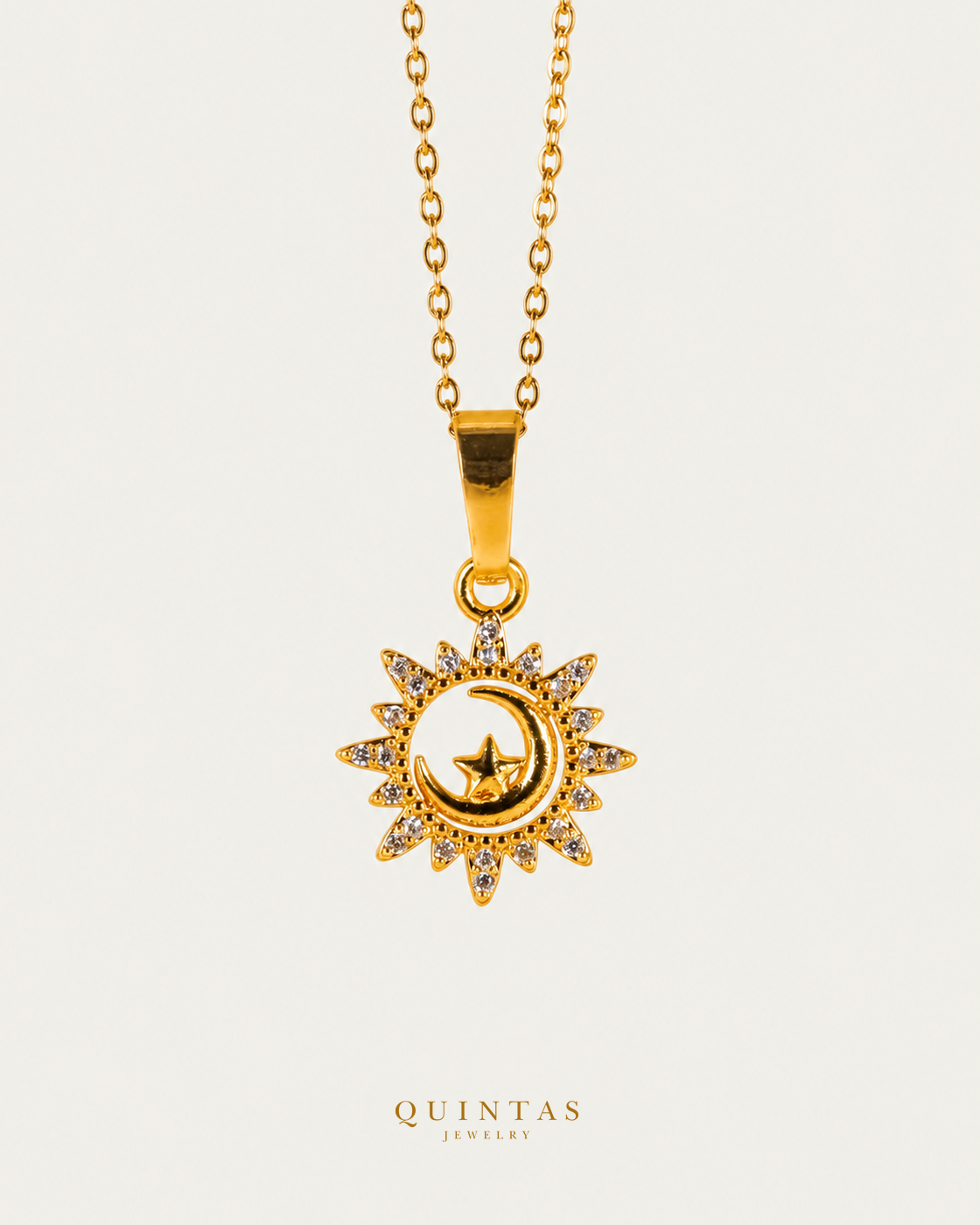Moon And Sun Eclipse Necklace — gold cable chain, hero view, canonical Quintas logo
