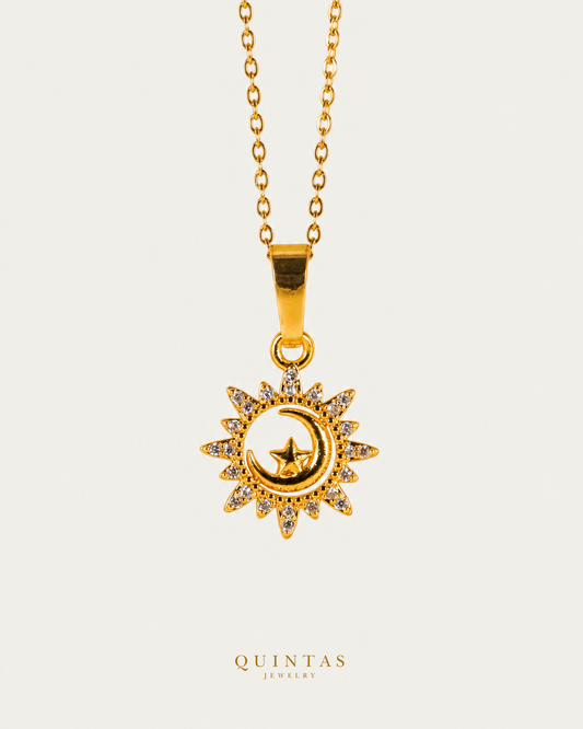 Moon And Sun Eclipse Necklace — gold cable chain, hero view, canonical Quintas logo