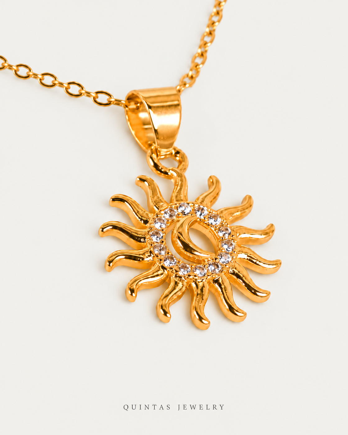 Golden Bohemian Sun Moon Necklace — gold cable chain, genuine oblique angle, neutral greige