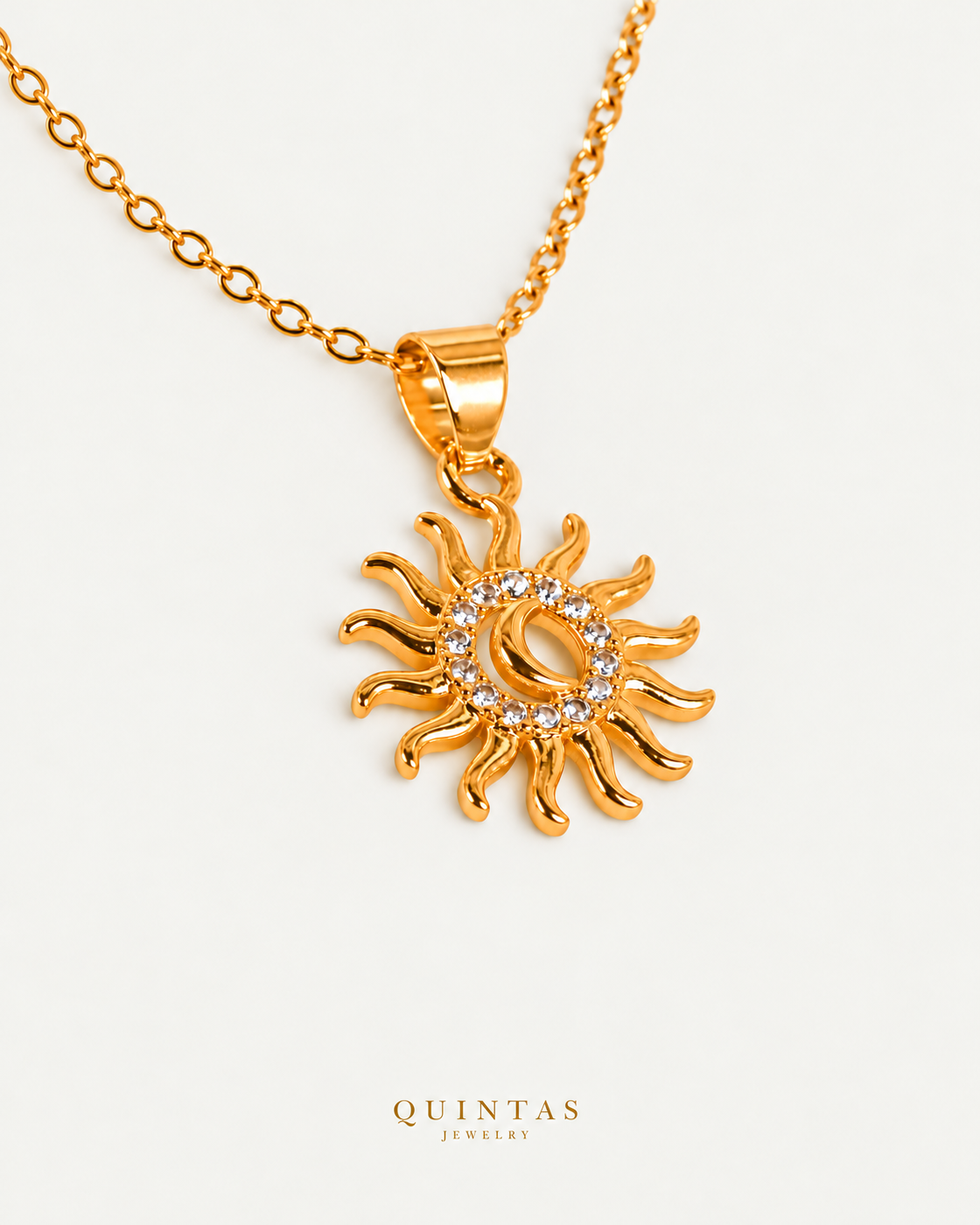 Golden Bohemian Sun Moon Necklace — gold cable chain, companion view, canonical Quintas logo